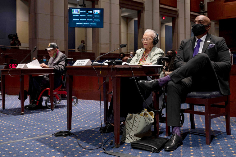 Image:Hughes Van Ellis, left, a Tulsa Race Massacre survivor and Viola Fletcher, second right, oldest living survivor of the Tulsa Race Massacre, testify before the Civil Rights and Civil Liberties Subcommittee