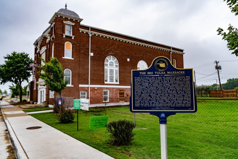 Image: Vernon AME Church with a plaque commemorating the 1921 Tulsa Massacre, in Tulsa, Okla., on May 21st, 2021.
