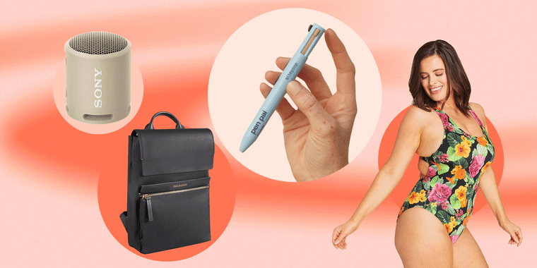 Illustration of the new wireless speakers from Sony, bathing suit from the Andie new swimwear collection, GIF of the Alleyoop Pen Pal makeup pen and Troubadour Goods backpack
