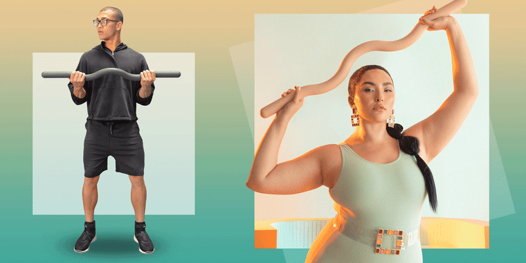Illustration of a Woman holding up the Bala Beam in beige and a GIF of a Man using the Beam. The Bala Beam adds weight to exercises like squats to help increase strength. Shop the new Bala Beam and Neon Pride Bala Bangles for home workouts.