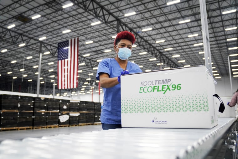 Boxes containing the Moderna vaccine are prepared to be shipped at the McKesson distribution center in Olive Branch, Miss., on December. 20, 2020.