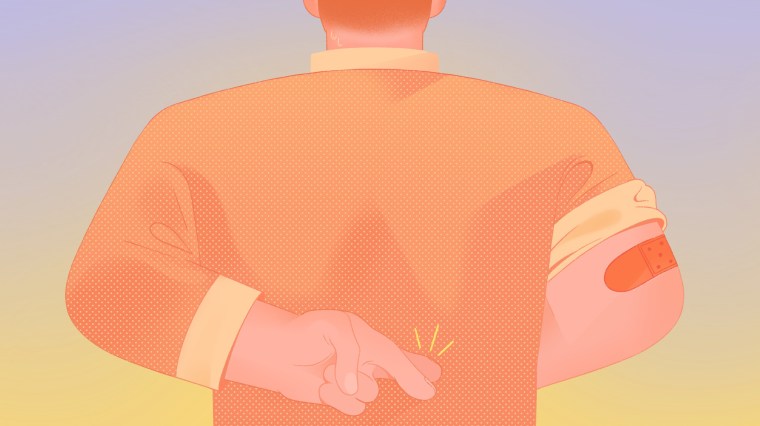 Illustration of person with vaccine bandaid crossing their fingers behind their back.