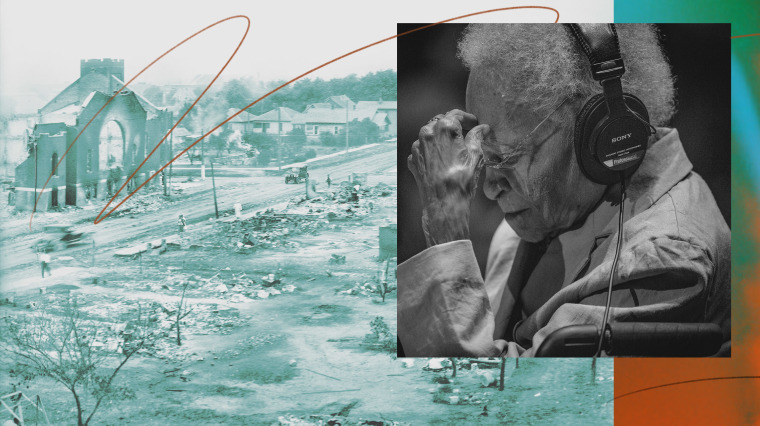 Photo illustration of Tulsa Massacre aftermath and a photo of Viola Fletcher in 2021.