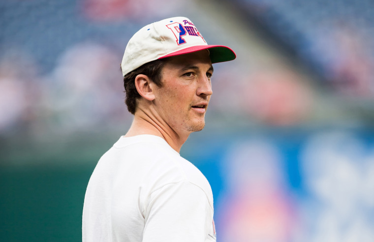 Miles Teller throws the ceremonial first pitch at the San Francisco Giants vs Philadelphia Phillies game on July 31, 2019, in Philadelphia.