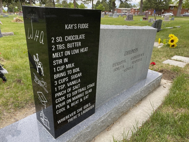 A headstone displays a recipe for Kay's Fudge in the Logan Cemetery, on May 25, 2021, in Logan, Utah.