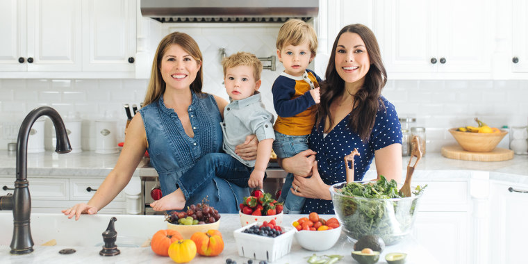 Friends and nutritionists Alexandra Caspero and Whitney English with two of their children, who were the inspiration for the creation of Plant Based Juniors. 