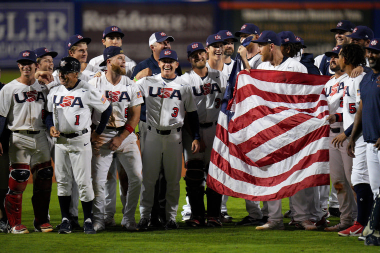 The United States celebrates after defeating Venezuela 4-2  during the WBSC Baseball Americas Qualifier Super Round at Clover Park June 05, 2021 in Port St. Lucie, Florida to qualify for the 2021 Summer Olympic Games in Tokyo.