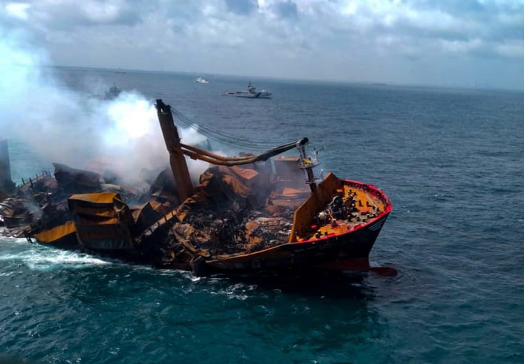 Image: Smoke rises from a fire on the MV X-Press Pearl