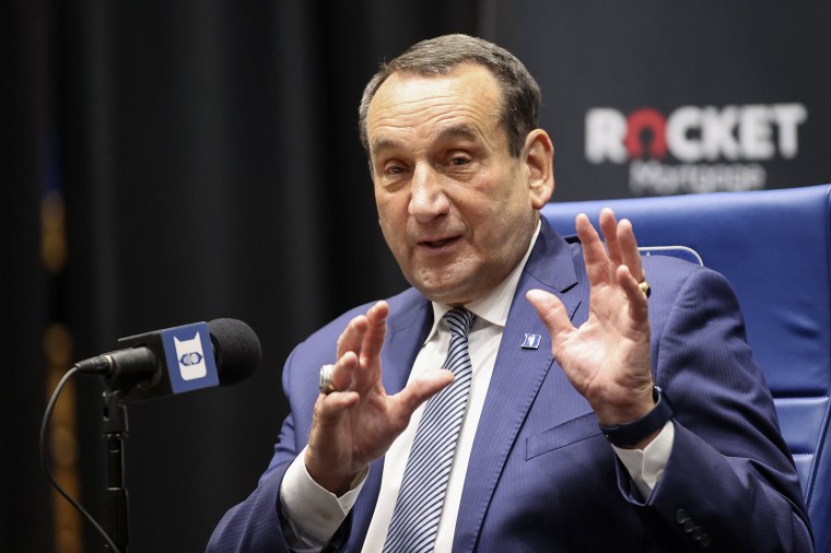 Image: Duke Blue Devils basketball head coach Mike Krzyzewski answers a question at a press conference at Cameron Indoor Stadium announcing his plan to retire after the 2021-22 season in Durham, N.C., on June 3, 2021.