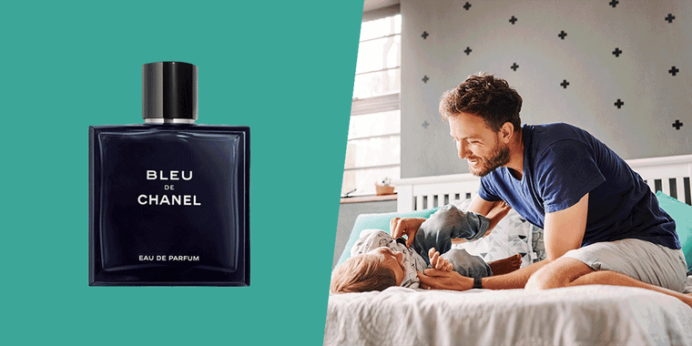 Father and son playing together in the bedroom at home and illustrated gif of different cologne. The best Father's Day cologne gift sets and men's fragrances for dad from Dior, Armani, Sephora, Amazon, Macy's, Nordstrom and more.