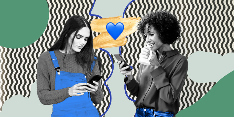 Collage of tho women texting each other with a blue heart in the middle.