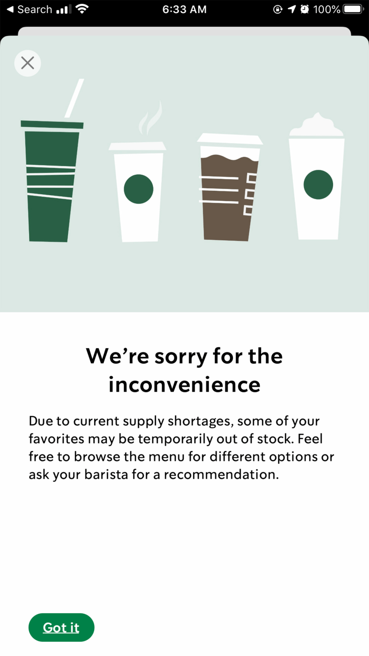 The Starbucks mobile app includes a warning for customers that some items may be out of stock.