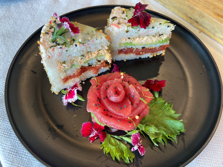 Sushi cake pieces served at Aloha Cones in Honolulu, Hawaii.