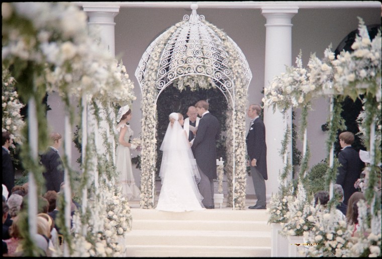 Tricia Nixon and Ed Cox in the wedding gazebo used in their ceremony. 