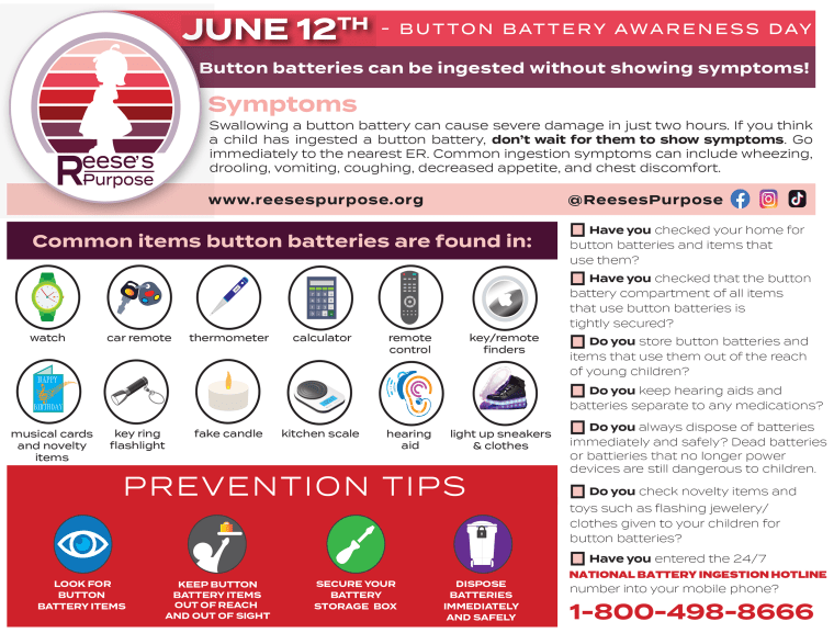 On June 12, Button Battery Awareness Day, families are encouraged to do a "button battery search and clean out" to ensure their homes are safe.