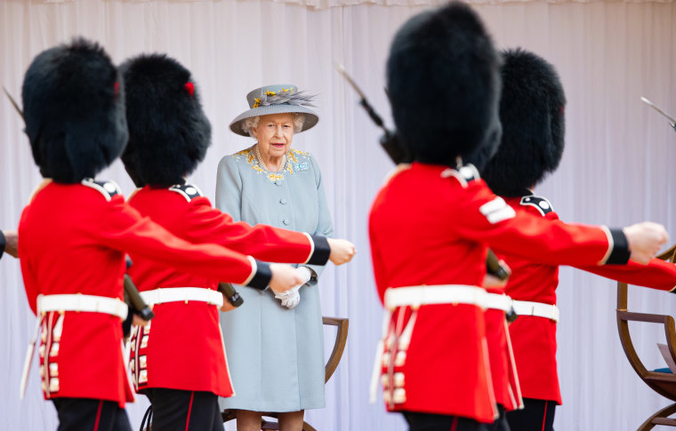 Queen Elizabeth II watches the Trooping of the Colour military ceremony