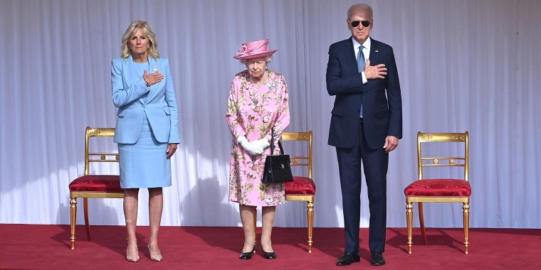 Queen Elizabeth II, US President Joe Biden and US First Lady Dr Jill Biden at Windsor Castle on June 13, 2021 in Windsor, England.