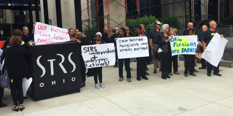 Protestors outside the STRS office in Columbus, Ohio, on June 21, 2018.