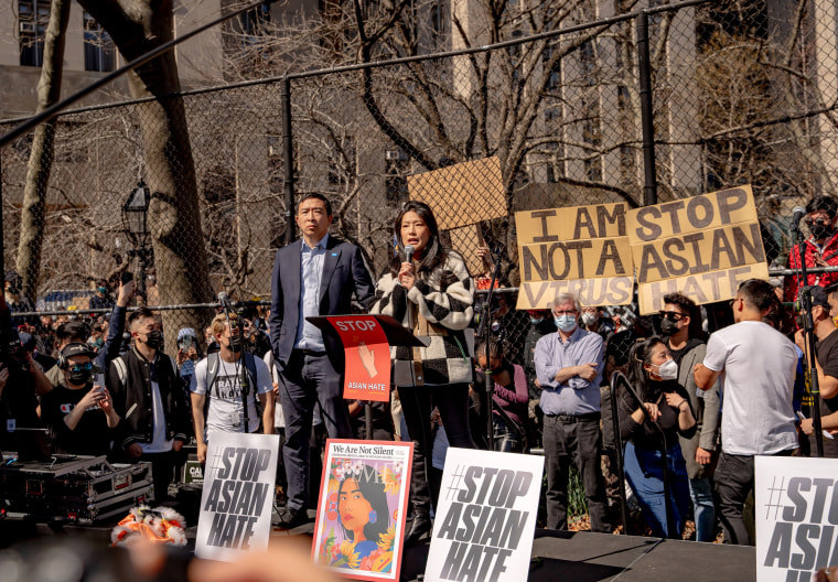 Image: Andrew Yang and his wife, Evelyn, speak at an AAPI Rally Against Hate in New York on March 21, 2021.