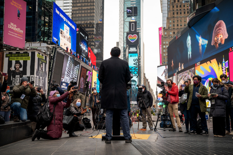 Image: Andrew Yang speaks to the media in Times Square after the mass shootings in Atlanta that left eight dead, including six Asian Americans, on March 17, 2021.