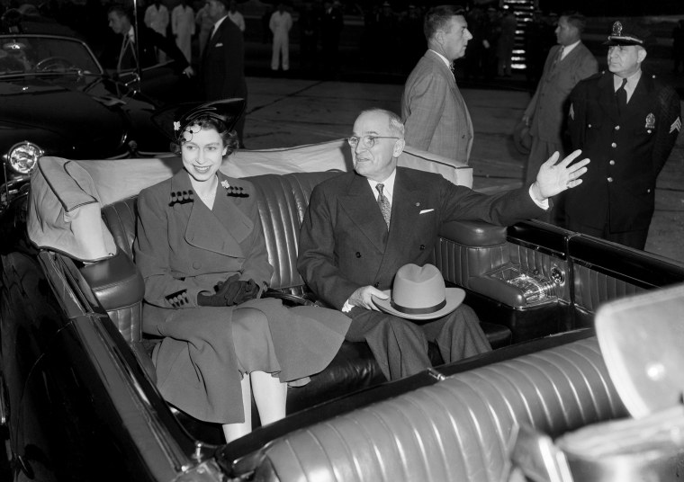 President Harry S. Truman and Britain's Princess Elizabeth as their motorcade got underway following a reception ceremony at Washington National Airport on Oct. 31, 1951. The Chief Executive welcomed Elizabeth and her husband, Prince Philip, Duke of Edinburgh, with the warm hope that \"when you leave you will like us even better than when you came.\"