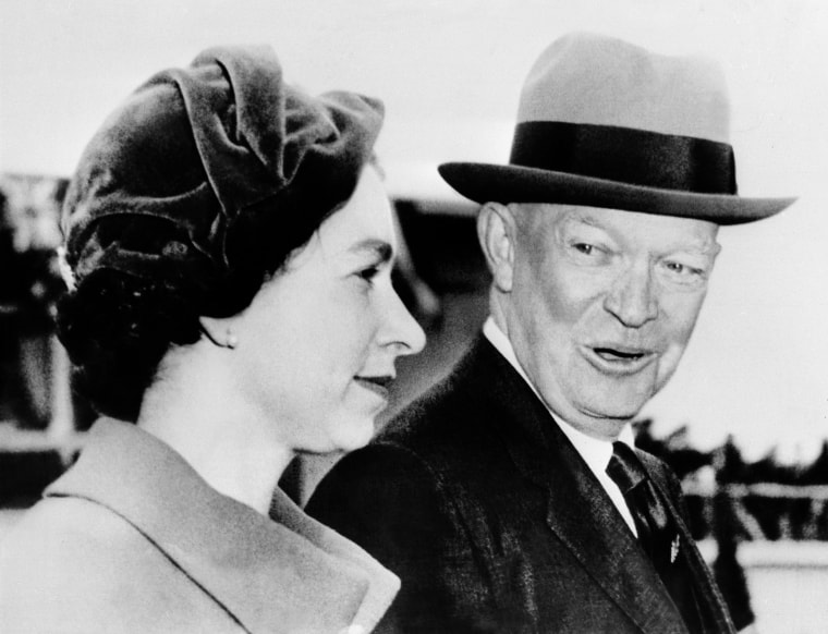 Queen Elizabeth II is welcomed by President Dwight Eisenhower, Oct. 18, 1957 in Washington.