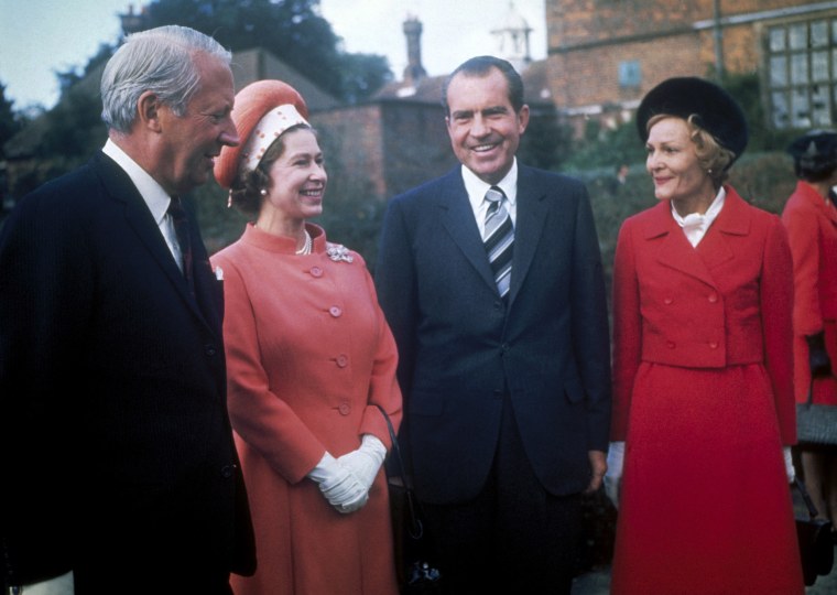 Queen Elizabeth II with British Prime Minister Edward Heath with President Richard Nixon and his wife Patricia at Chequers, the Prime Minister's official country residence, 1970.