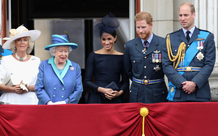 Image: Camilla, Duchess of Cornwall, Queen Elizabeth II, Meghan, Duchess of Sussex, Prince Harry, Duke of Sussex, and Prince William, Duke of Cambridge, on the balcony of Buckingham Palace in July 2018.
