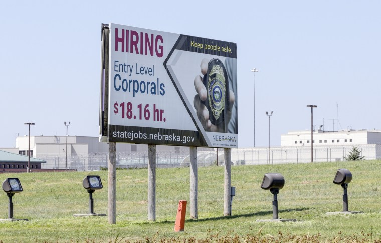 Image: A billboard advertises the availability of jobs with the Nebraska Department of Correctional Services in 2018