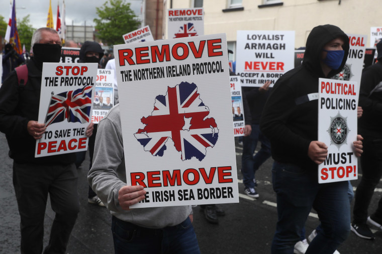 Image: Loyalists take part in an anti-Northern Ireland Protocol rally in Portadown, Co Armagh