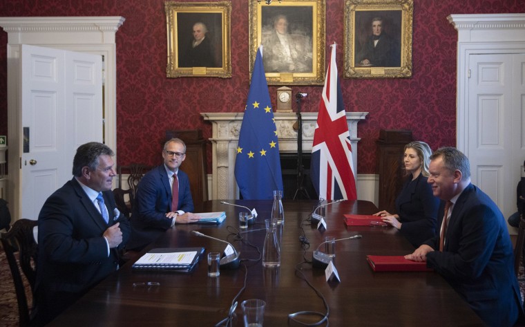 Image: Britain's Minister for the Cabinet Office of the United Kingdom, David Frost, right, speaks to his EU counterpart Maros Sefcovic, during a meeting in London