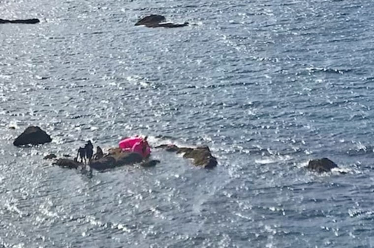 The U.S. Coast Guard rescued three adults and two dogs from a pink flamingo raft after they became stranded in Monashka Bay, near Kodiak, Alaska.