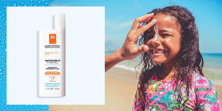 Illustration of a little surfer girl at the beach getting sunscreen put on her face, and a GIF of different types of sunscreen. The best face sunscreens from Elta MD, Olay, CeraVe, Clinque, Colorescience and La Roche-Posay.