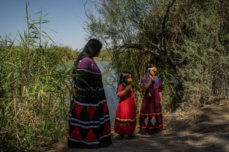 Image: Luc?a Laguna with two of her students who learn the traditions and songs of the Cucap? people, in Baja California, Mexico, April 2021.