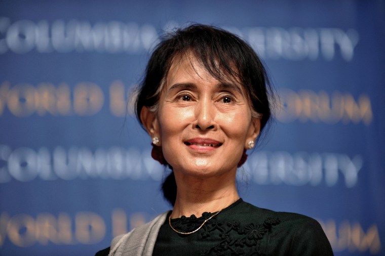 Image: Myanmar member of parliament Aung San Suu Kyi speaks in Low Memorial Library at Columbia University in New York.