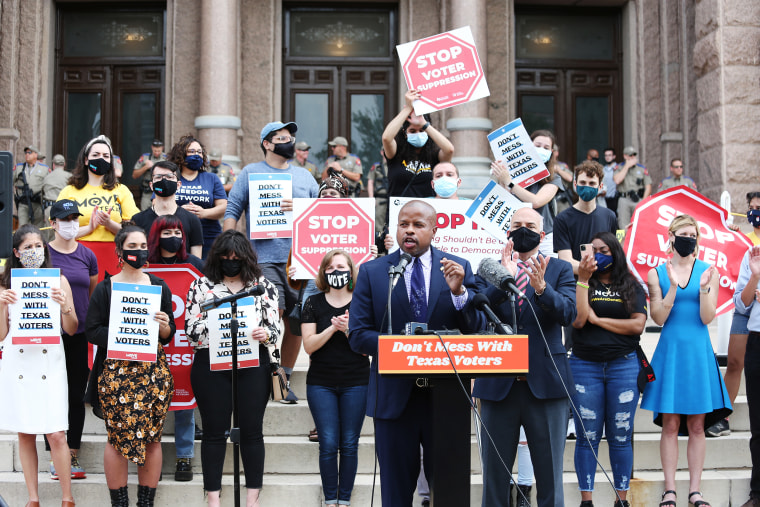 Image:  Texas state Rep. Ron Reynolds at a rally for voting rights at the Capitol in Austin