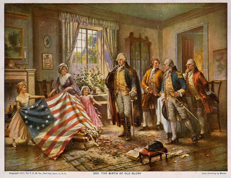 Betsy Ross and two young girls on the left, showing an American flag to George Washington standing at center, and three other men standing on the right, possibly the Hon. George Ross and Robert Morris, and an unidentified military officer.