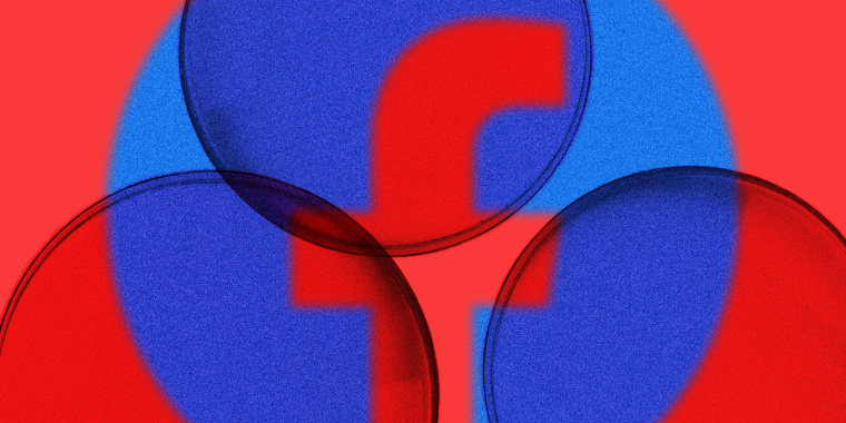 Photo illustration: Multiple magnifying lenses overlap each other and a facebook logo.