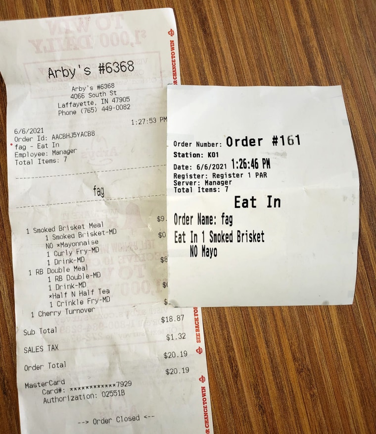 The receipt John Burns and Craig Gray received from Arby's.