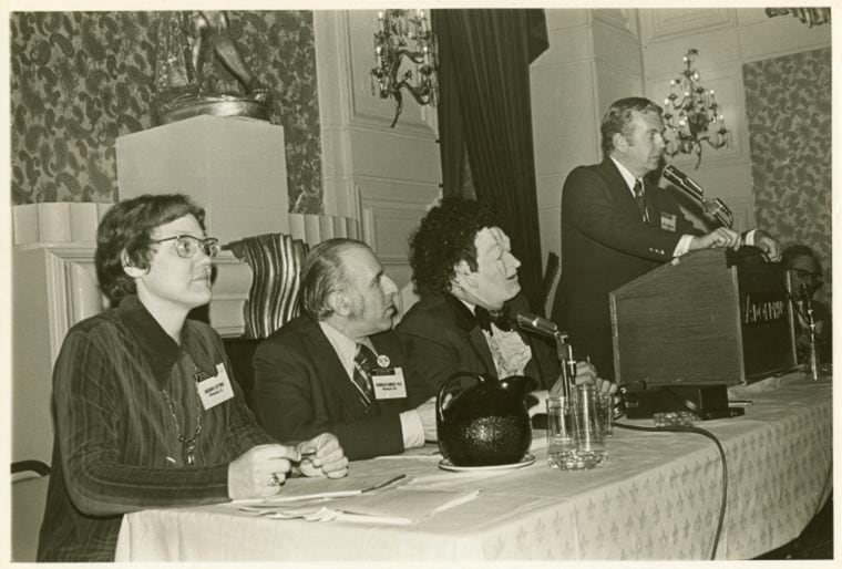 Barbara Gittings, Frank Kameny, Dr. H. Anonymous and Dr. Kent Robinson, both members of the American Psychiatric Association, at the APA's May 1972 panel "Psychiatry: Friend or Foe to Homosexuals?"