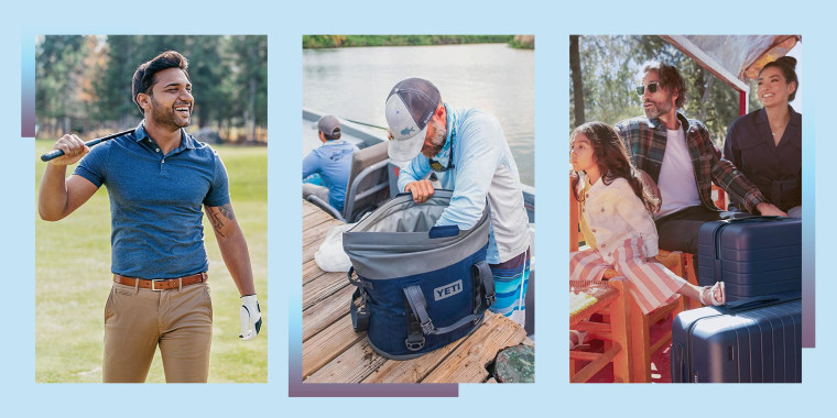 GIF Illustration of a Golf player walking on the course, a Man using his Yeti cooler while fishing and a family looking over the water while on vacation