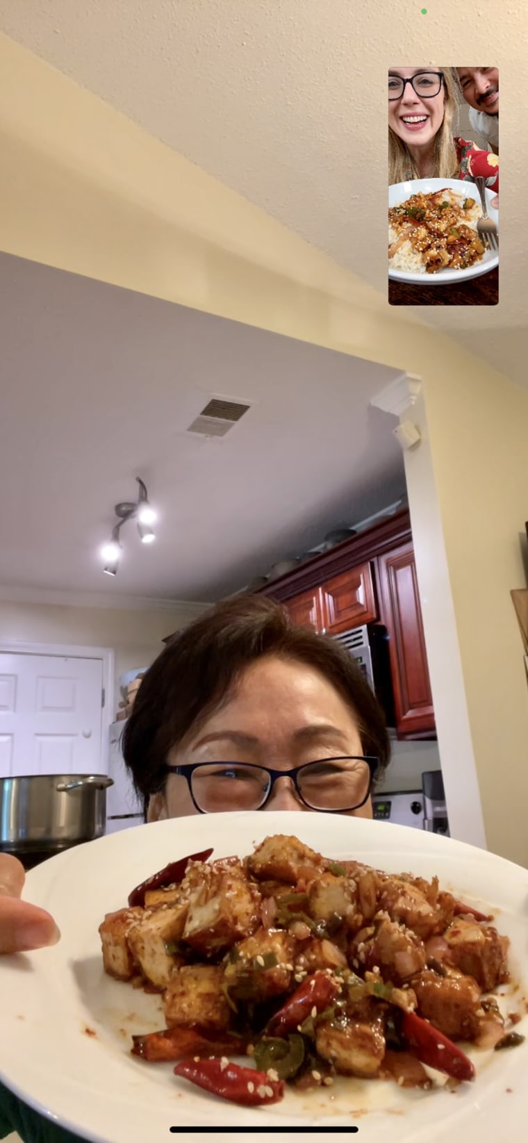 Me, my husband and my mother-in law, Kay, enjoying Molinaro's crispy tofu over FaceTime together.