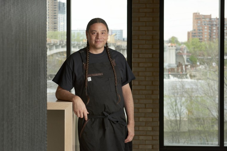 Sean Sherman at his forthcoming new restaurant, Owamni by The Sioux Chef.