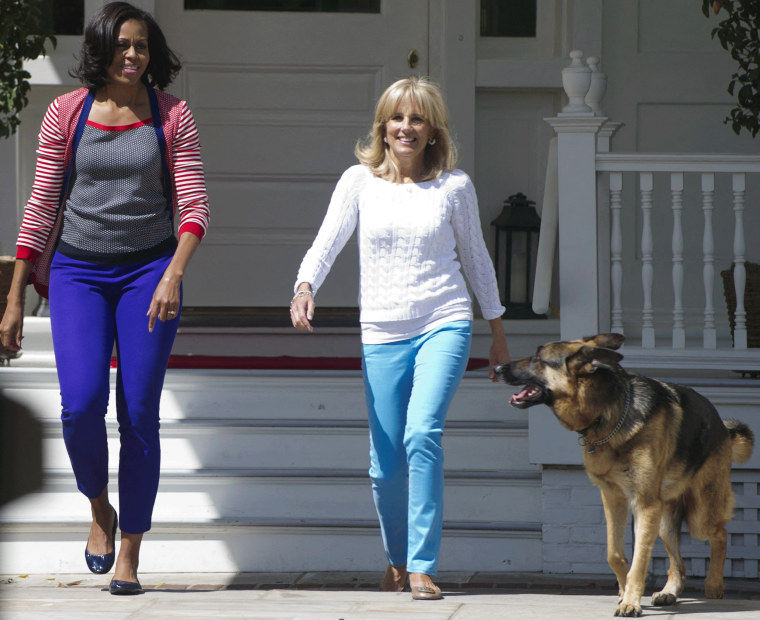 Michelle Obama and Jill Biden walk with Champ in 2012.