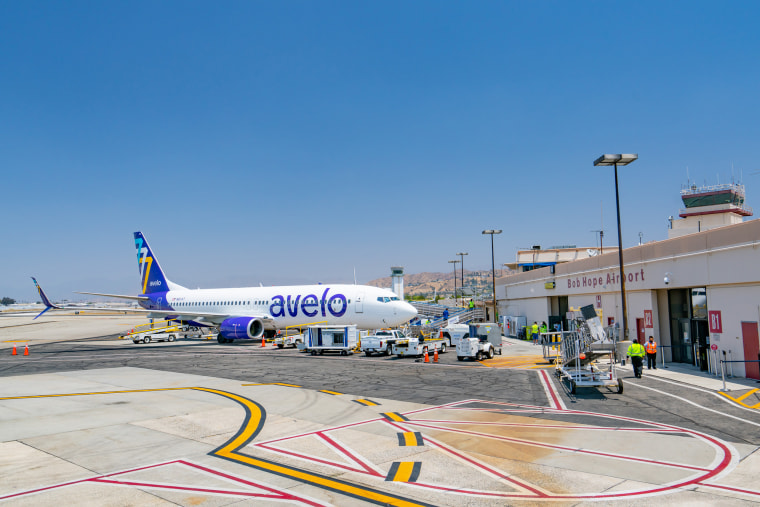 Image: Avelo Airlines Boeing 737-800 prepares for boarding at Hollywood Burbank Airport on May 30, 2021.