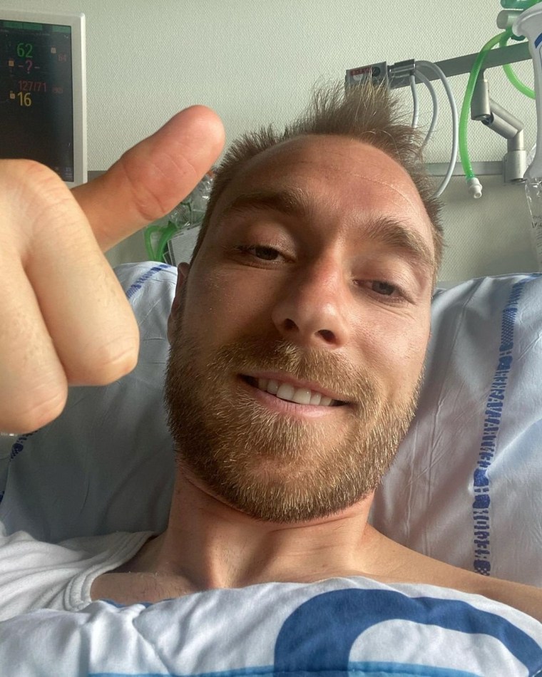 Image: Danish footballer Christian Eriksen gives a thumbs-up at Rigshospitalet, where he is treated after he collapsed during a UEFA Euro 2020 game on Saturday, in Copenhagen, Denmark