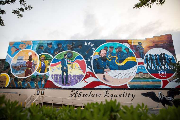 Image: A mural on May 4 at the spot in Galveston, Texas, where Gen. Gordon Granger issued the orders that resulted in the freedom of more than 250,000 enslaved Black people in Texas.