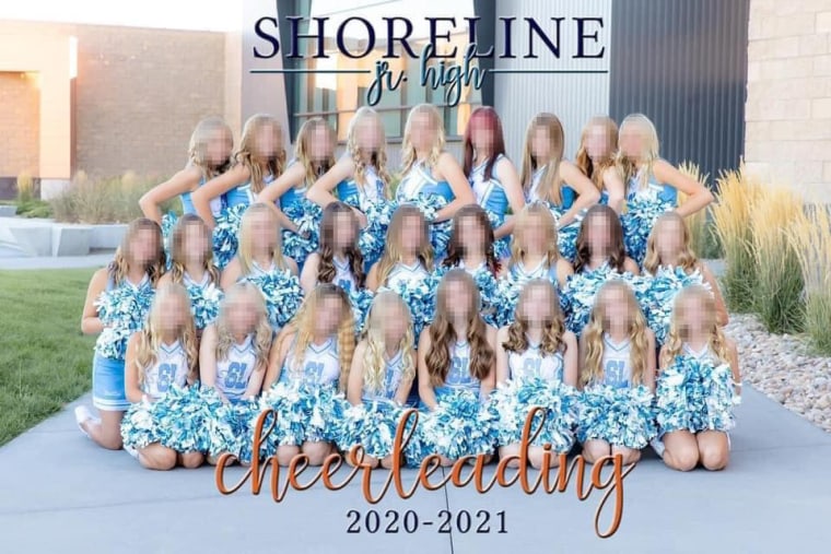 Image: Morgyn Arnold, Shoreline Jr High school cheerleading team are alleged to have removed a Down's Syndrome student from the yearbook version of a team photo.