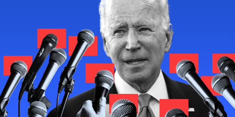 Photo illustration: Red squares between microphones and President Joseph Biden.