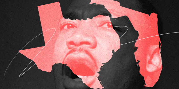 Photo illustration: Image of Martin Luther King Jr. shown through the state outlines of Texas and Florida.